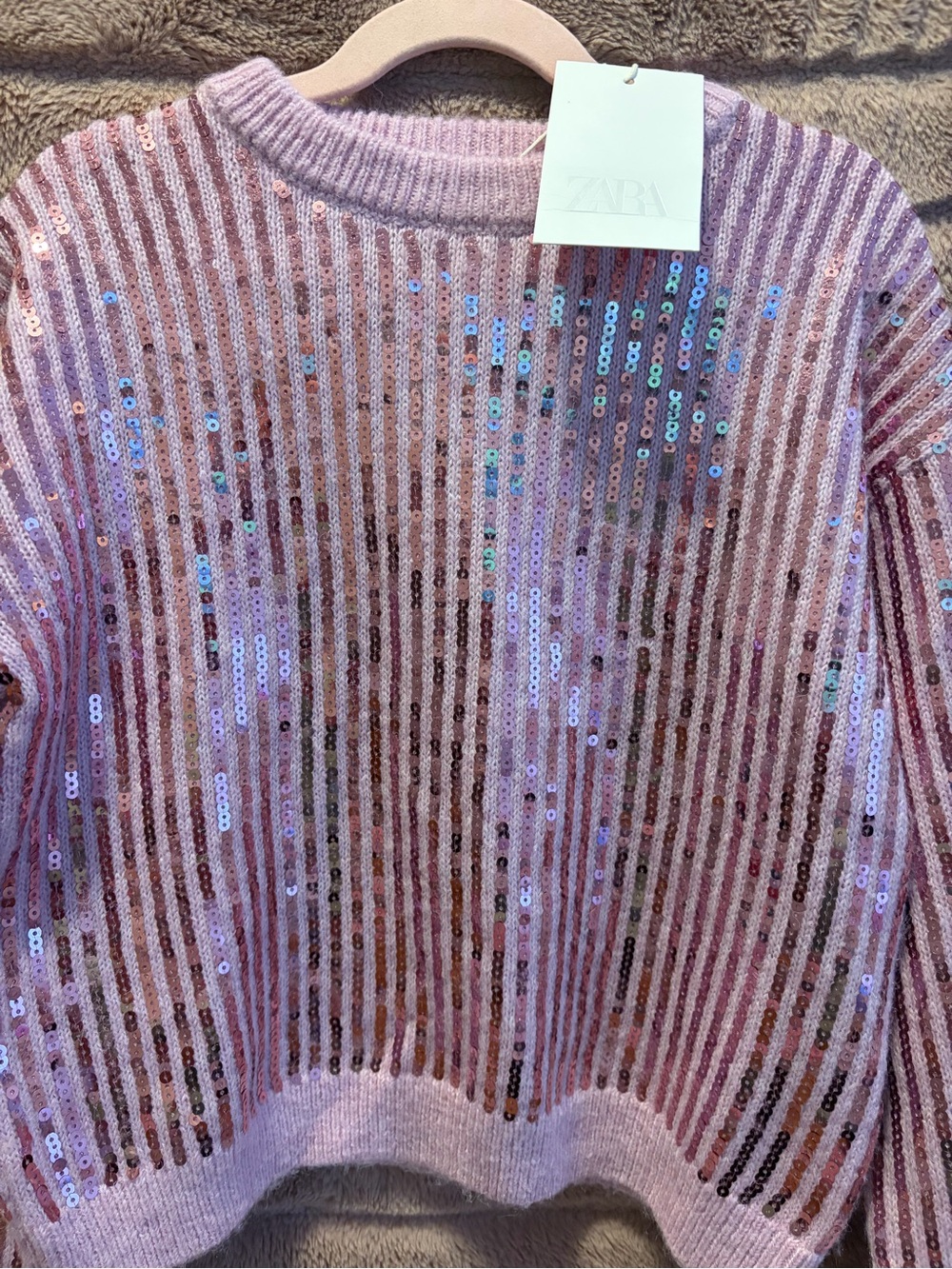 Zara Pink Sequin Stripe Crewneck Sweater
